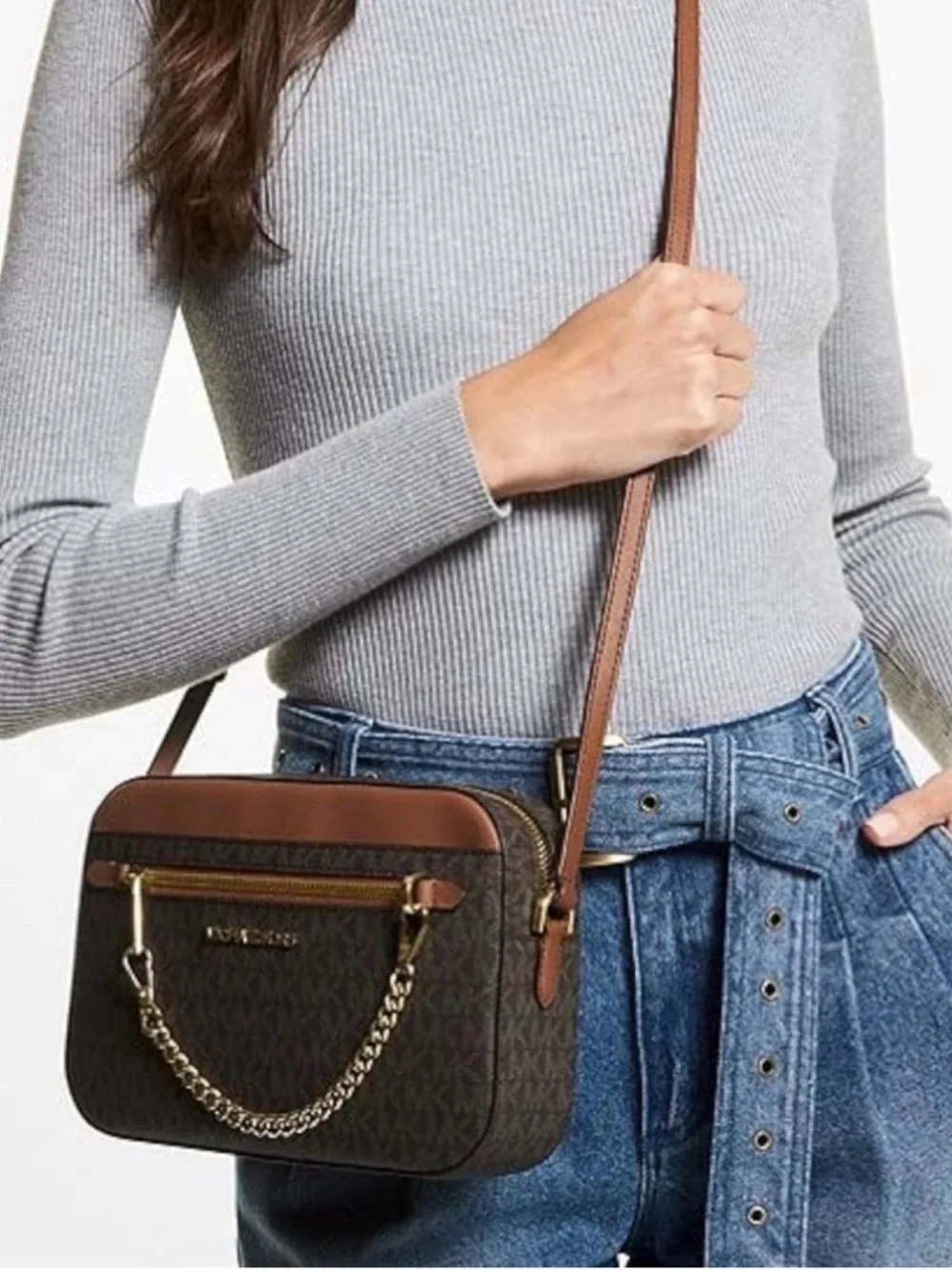 Michael Kors Brown/Tan Gold Tone Hardware Jet Set Large Logo Crossbody Bag